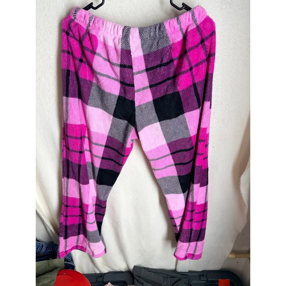 Pink Black Plaid Fleece Pajama Pants Women Large 12-14 Sleepwear Loungewear